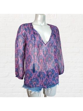 𝅺joie Bohemian Sheer Paisley Print Silk Pop Over Blouse Size XXS